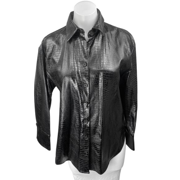 Zara Women's Black Faux Croc Leather Long Sleeve Button Up Coat Jacket Top Sz S - Picture 1 of 4